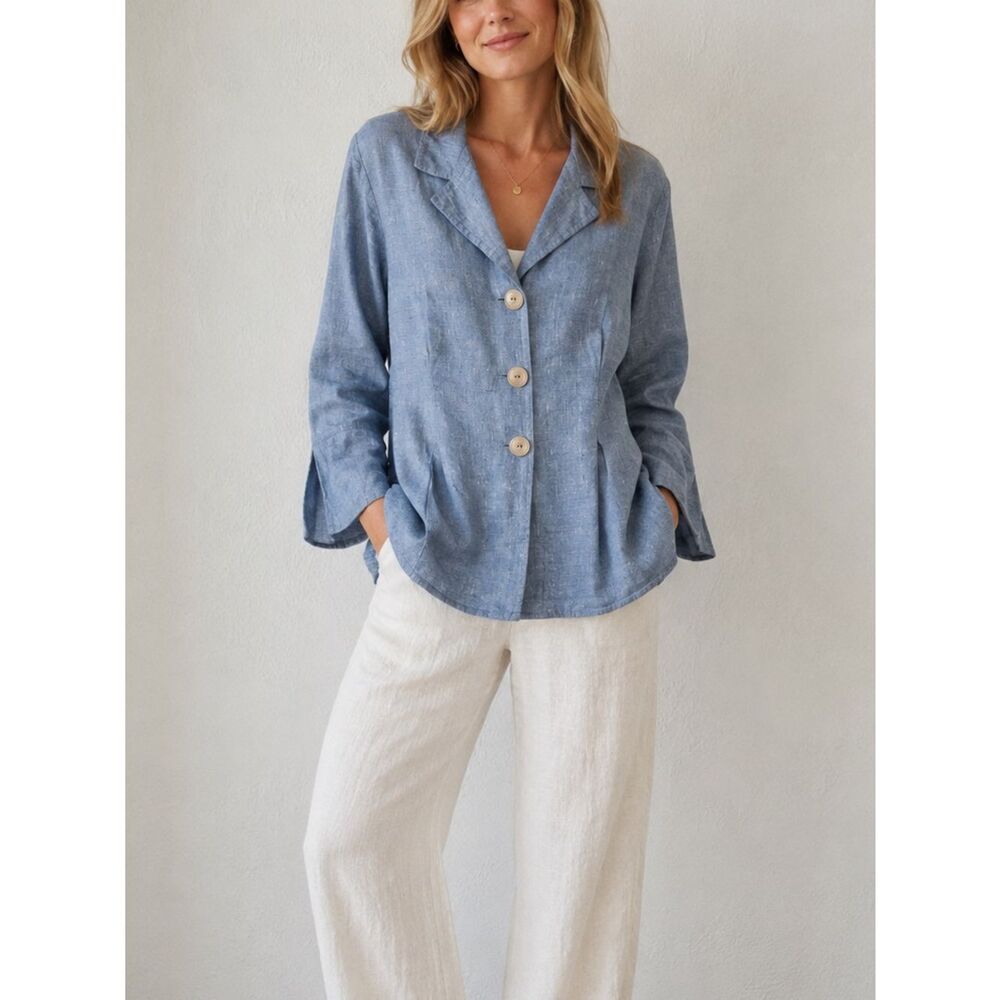 Flax Linen Lagenlook Blue Button Front Long Sleeve Jacket With Pockets Size M